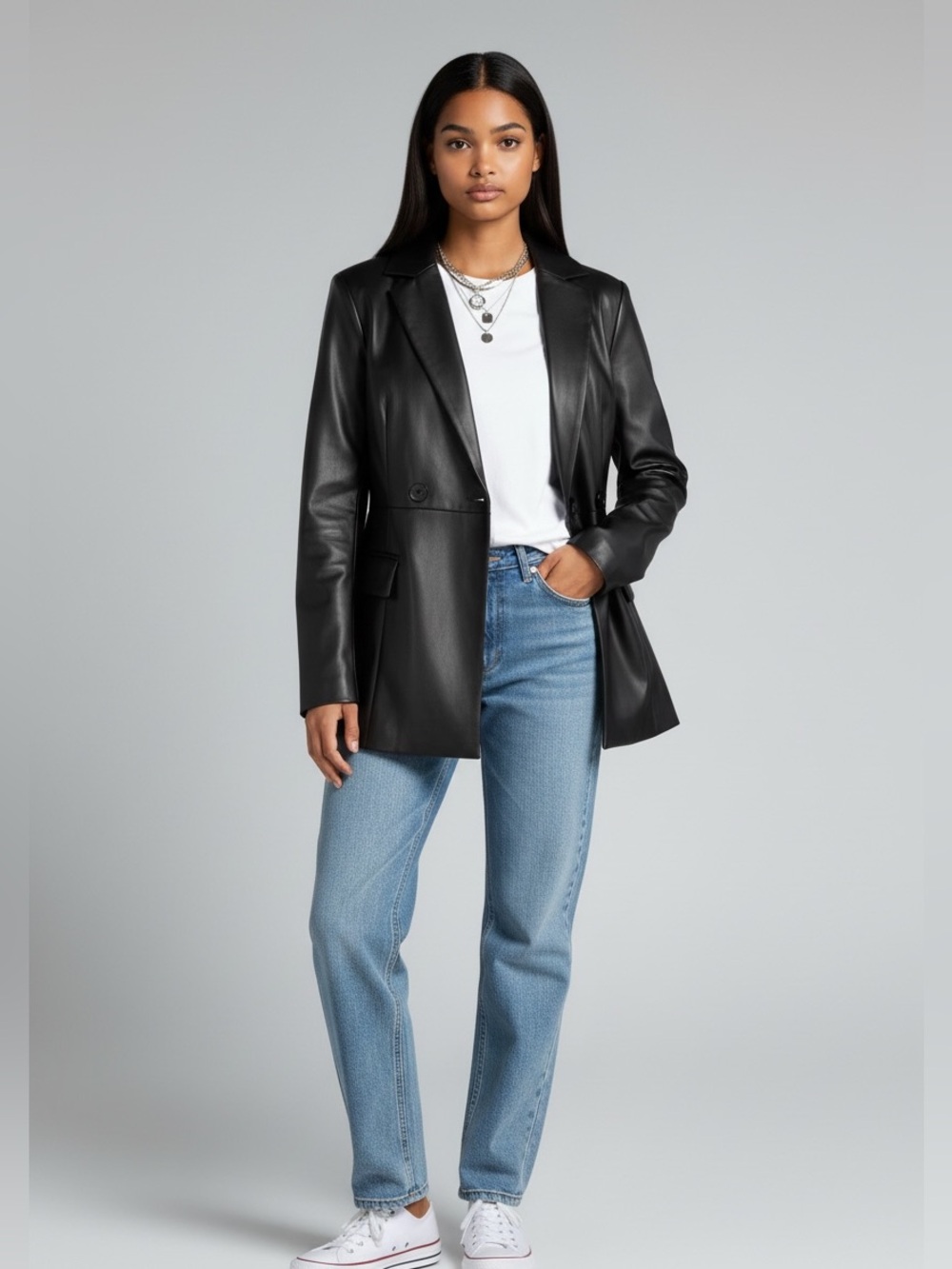 Black Faux Leather Blazer Jacket - Women's - Picture 2 of 7
